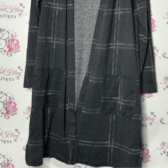 Sandwich_ cardigan grey open pockets long waterfall comfy Plaid Open Cardigan - Picture 3 of 8